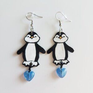Cute penguin earrings with blue hearts beads ✦ handmade & unique, silver color ✦